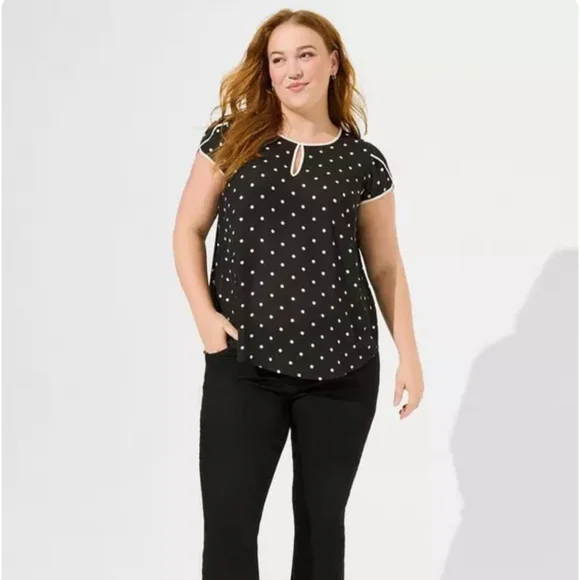 Torrid Black Polka Dot Cap Sleeve Blouse with White Trim, size 2 - Picture 2 of 9